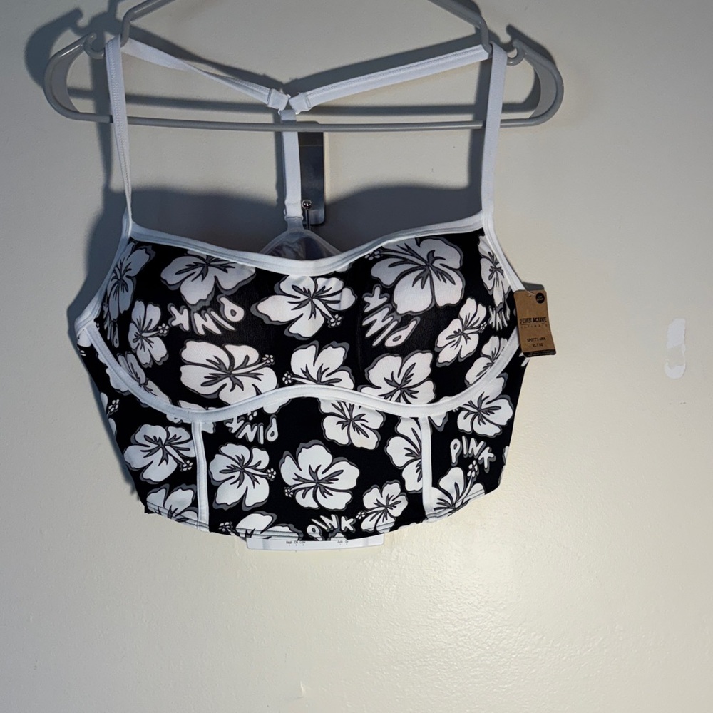 Pink Active Black and White Floral Sports Bra